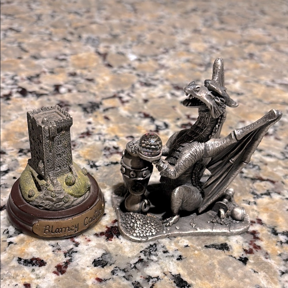 Collectible, pewter dragon called the treasure seeker and Castle Figurine​​​​